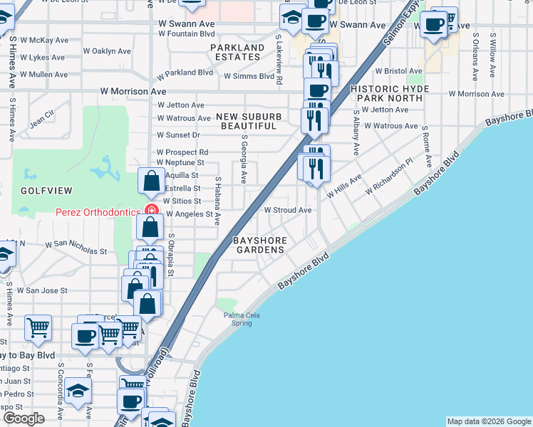 map of restaurants, bars, coffee shops, grocery stores, and more near 1407 South Lorenzo Avenue in Tampa
