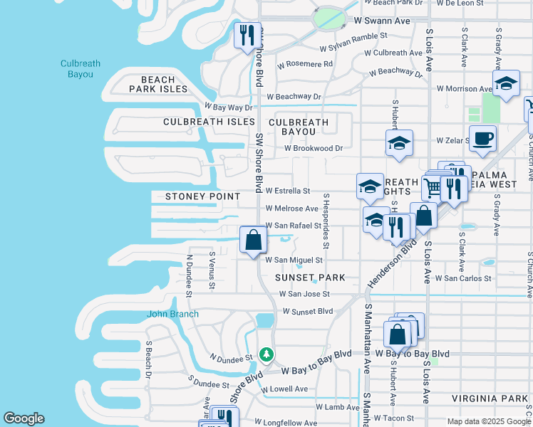 map of restaurants, bars, coffee shops, grocery stores, and more near 4711 West San Rafael Street in Tampa