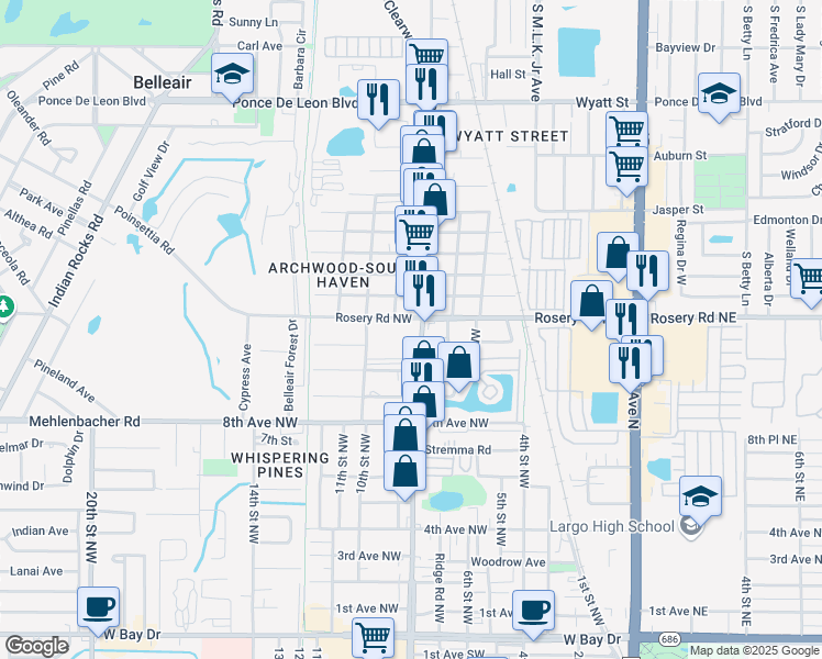 map of restaurants, bars, coffee shops, grocery stores, and more near 1025 Clearwater Largo Road North in Largo