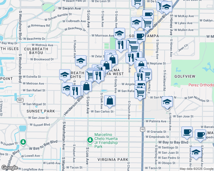 map of restaurants, bars, coffee shops, grocery stores, and more near 4013 West San Rafael Street in Tampa