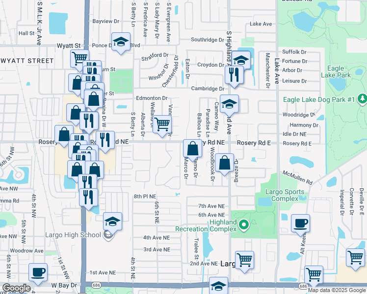 map of restaurants, bars, coffee shops, grocery stores, and more near 1193 San Marco Drive in Largo