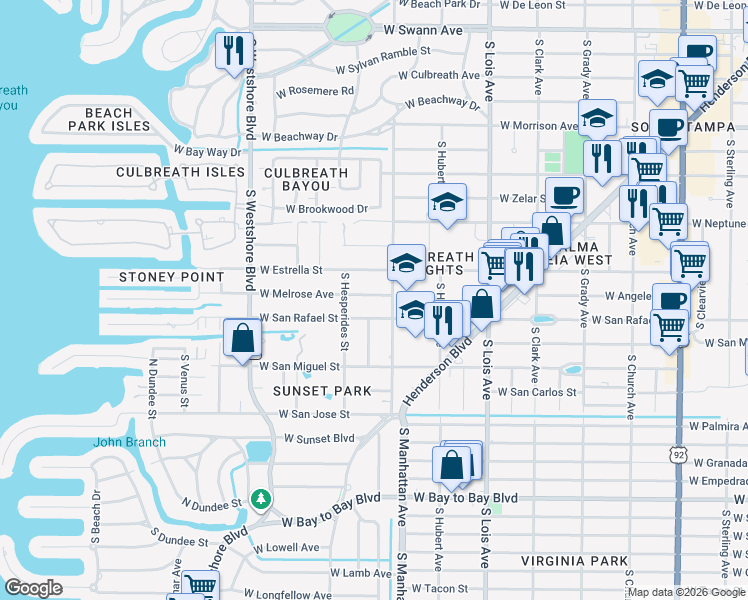 map of restaurants, bars, coffee shops, grocery stores, and more near 4410 West Melrose Avenue in Tampa