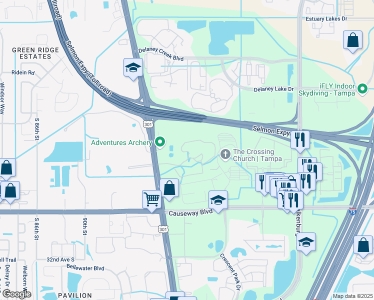 map of restaurants, bars, coffee shops, grocery stores, and more near 10103 Courtney Palms Boulevard in Tampa