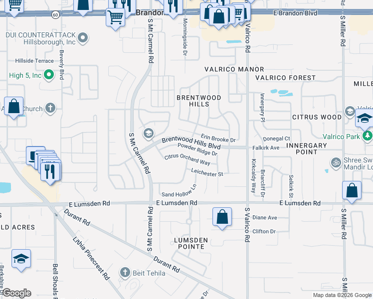 map of restaurants, bars, coffee shops, grocery stores, and more near 1826 Citrus Orchard Way in Valrico