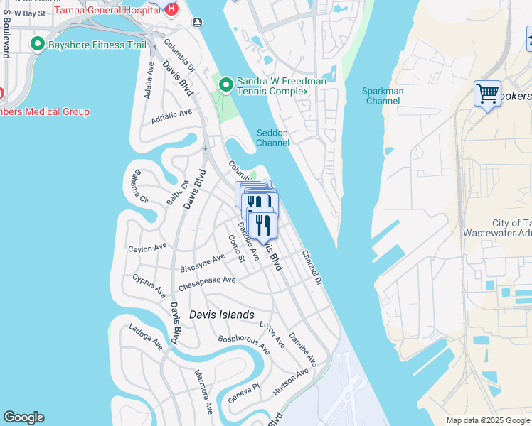 map of restaurants, bars, coffee shops, grocery stores, and more near 217 East Davis Boulevard in Tampa
