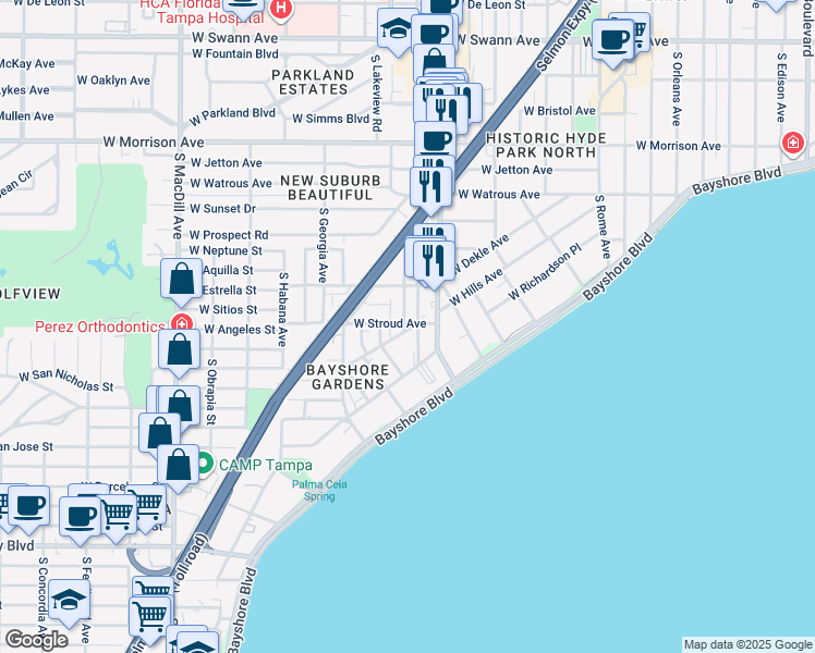 map of restaurants, bars, coffee shops, grocery stores, and more near 1406 Glen Avenue in Tampa