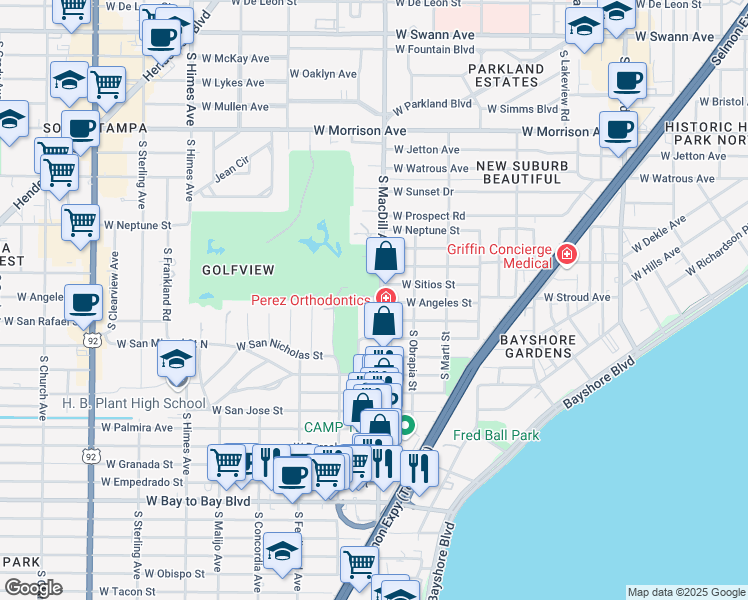 map of restaurants, bars, coffee shops, grocery stores, and more near 3103 West San Rafael Street in Tampa