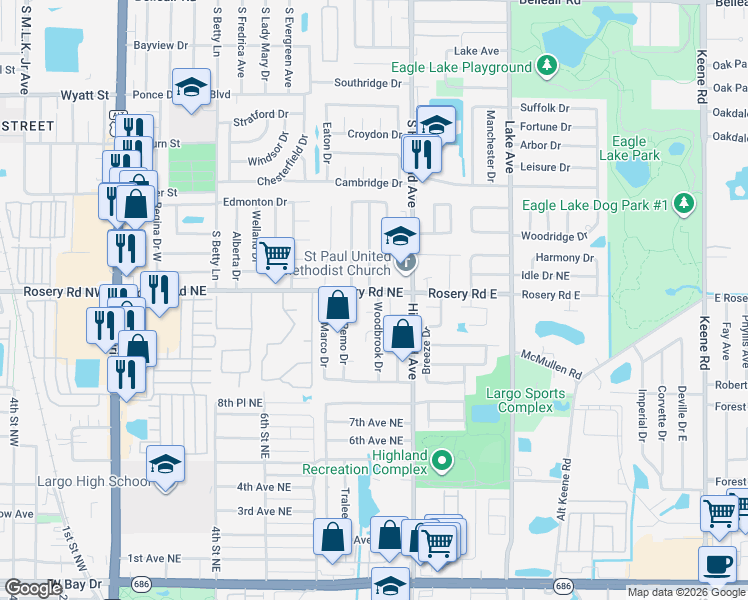 map of restaurants, bars, coffee shops, grocery stores, and more near 1170 Woodbrook Drive in Largo