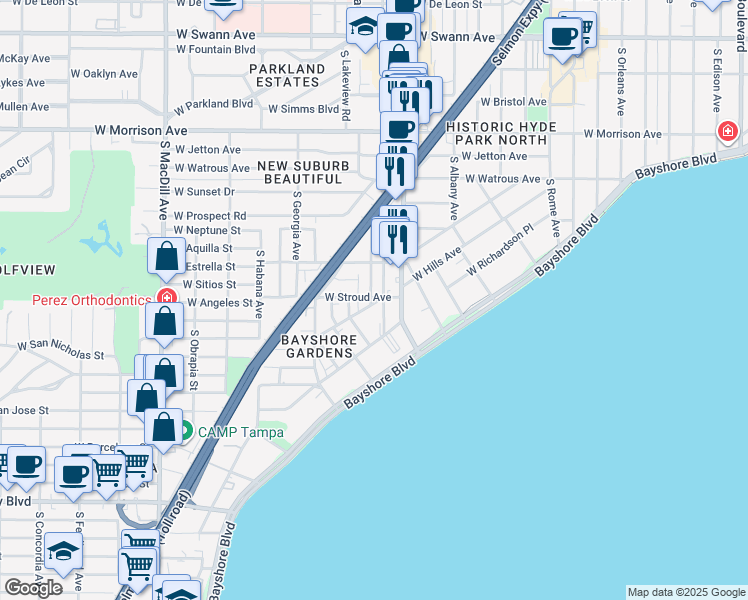 map of restaurants, bars, coffee shops, grocery stores, and more near 1406 Glen Avenue in Tampa