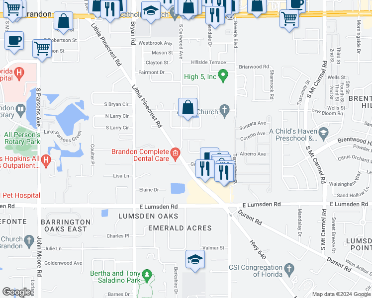 map of restaurants, bars, coffee shops, grocery stores, and more near 806 Bills Circle in Brandon