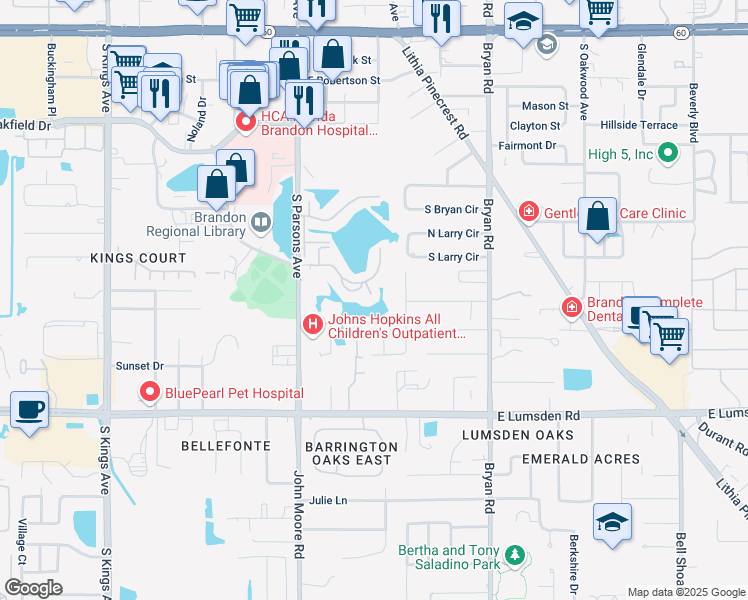 map of restaurants, bars, coffee shops, grocery stores, and more near 806 Lake Haven Square in Brandon