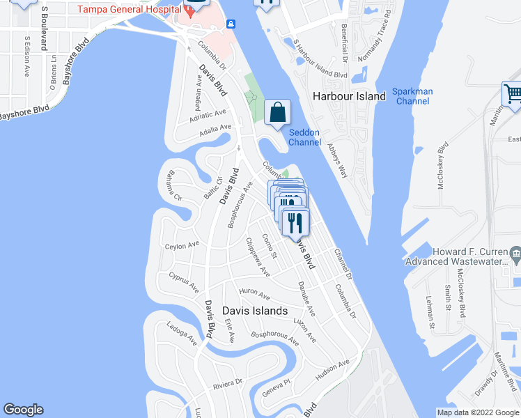 map of restaurants, bars, coffee shops, grocery stores, and more near 99 Barbados Avenue in Tampa