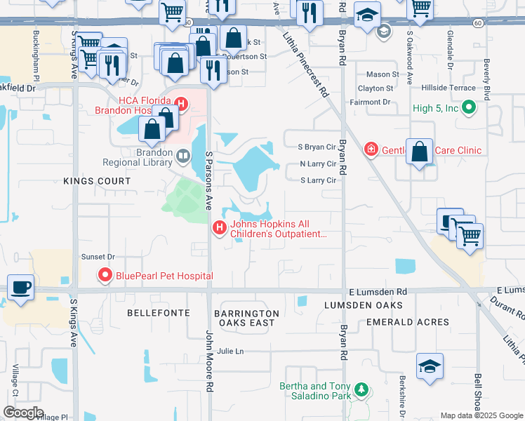 map of restaurants, bars, coffee shops, grocery stores, and more near 806 Lake Haven Square in Brandon