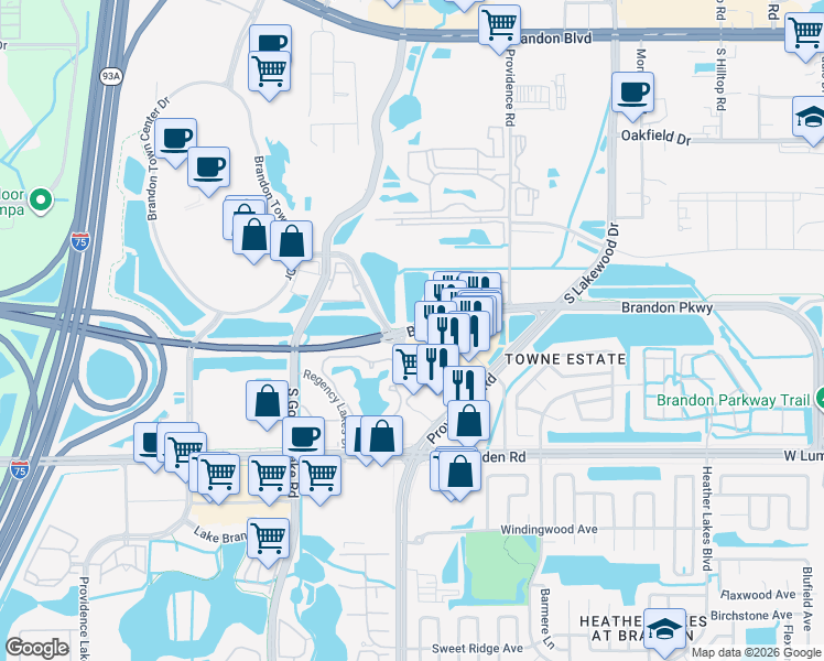 map of restaurants, bars, coffee shops, grocery stores, and more near 2020 Town Center Boulevard in Brandon