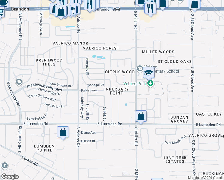 map of restaurants, bars, coffee shops, grocery stores, and more near 828 Innergary Place in Valrico