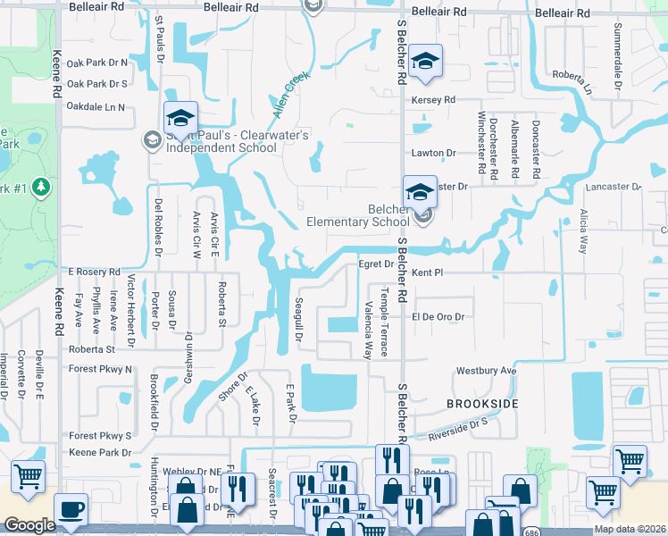 map of restaurants, bars, coffee shops, grocery stores, and more near 2138 Egret Drive in Clearwater