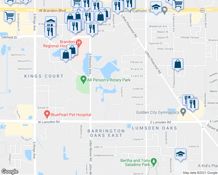 map of restaurants, bars, coffee shops, grocery stores, and more near 806 Lake Haven Square in Brandon