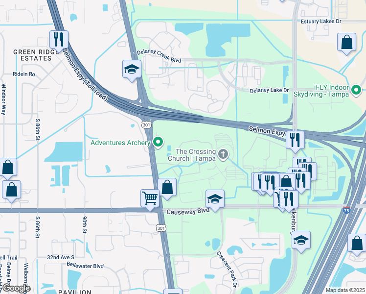 map of restaurants, bars, coffee shops, grocery stores, and more near 9918 Courtney Palms Boulevard in Tampa