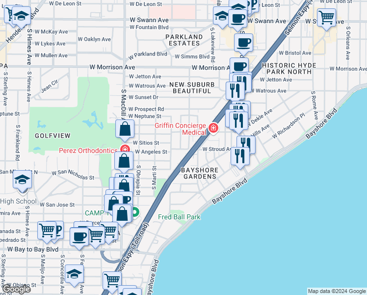 map of restaurants, bars, coffee shops, grocery stores, and more near 2506 West Stroud Avenue in Tampa