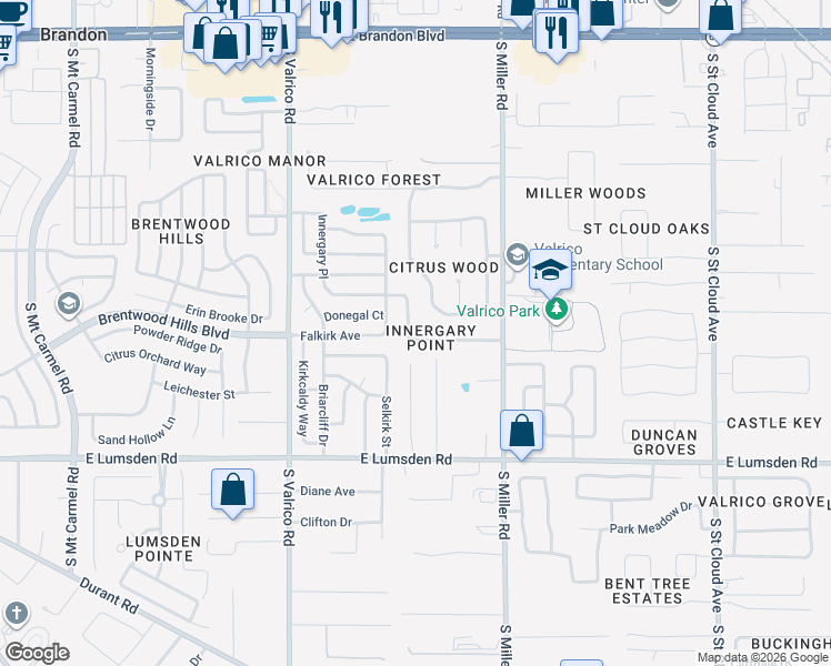map of restaurants, bars, coffee shops, grocery stores, and more near 829 Innergary Place in Valrico