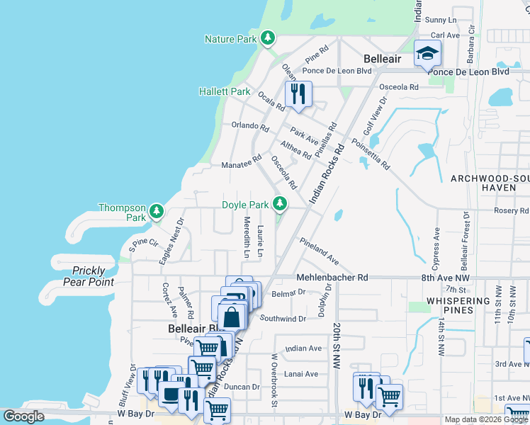 map of restaurants, bars, coffee shops, grocery stores, and more near 1709 Laurie Lane in Belleair