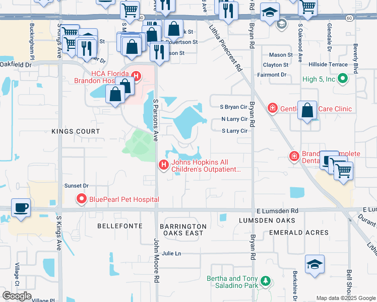 map of restaurants, bars, coffee shops, grocery stores, and more near 804 Lake Haven Square in Brandon