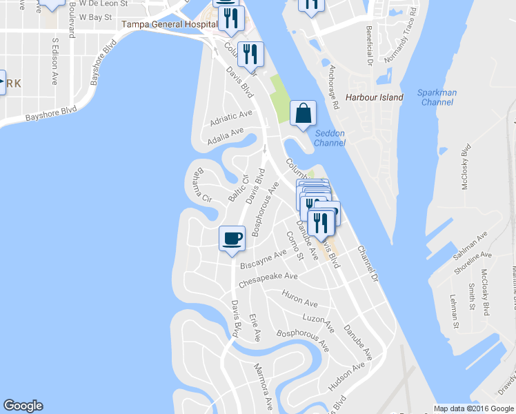 map of restaurants, bars, coffee shops, grocery stores, and more near 134 Bosphorous Avenue in Tampa