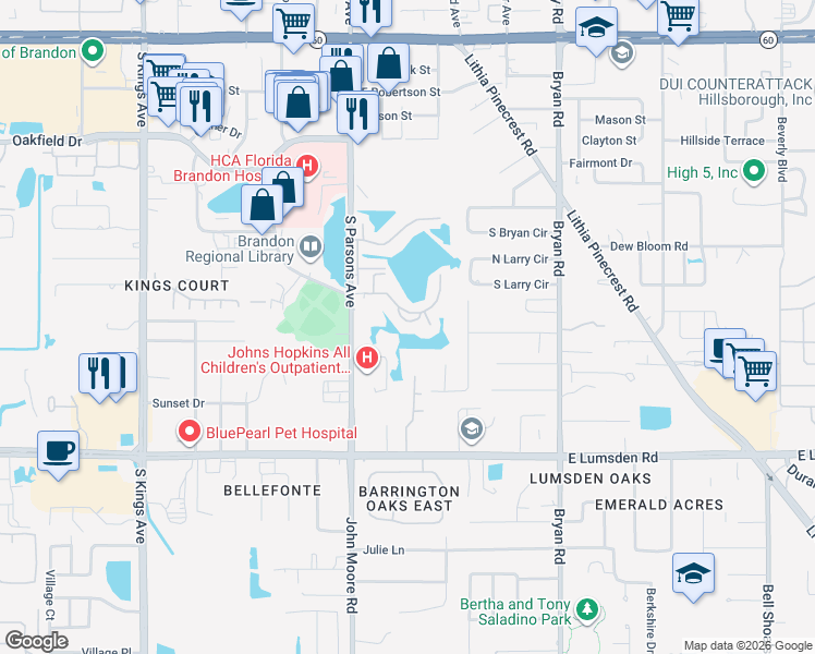 map of restaurants, bars, coffee shops, grocery stores, and more near 116 Parsons Park Drive in Brandon