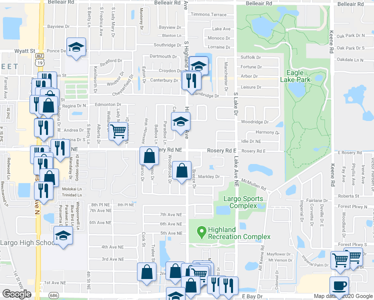 map of restaurants, bars, coffee shops, grocery stores, and more near Rosery Road Northeast in Belleair