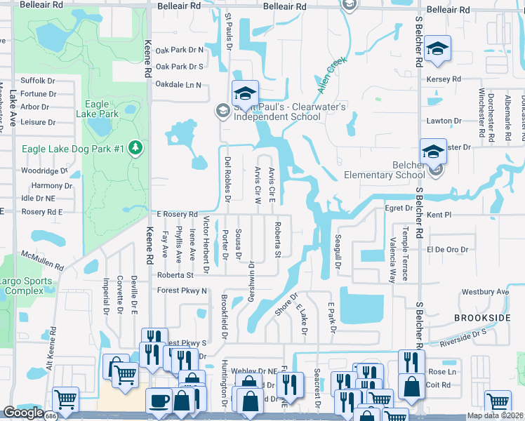 map of restaurants, bars, coffee shops, grocery stores, and more near 3125 Roberta Street in Largo