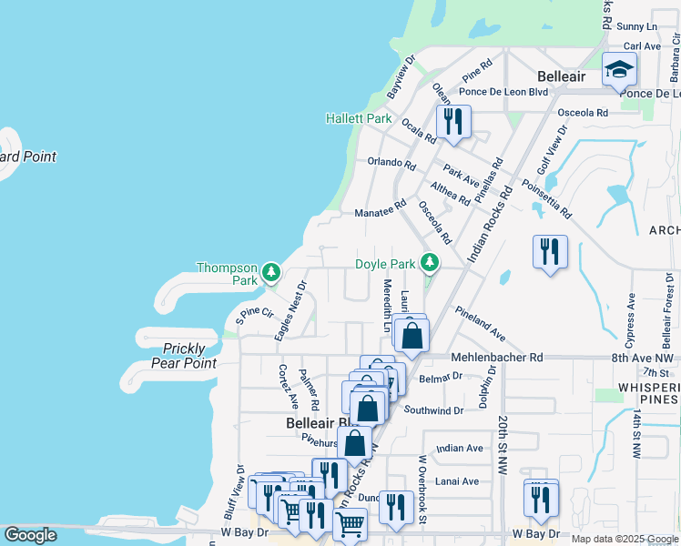 map of restaurants, bars, coffee shops, grocery stores, and more near 215 Rosery Road in Belleair