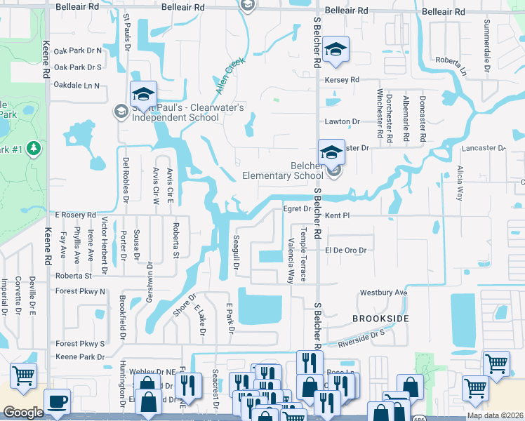 map of restaurants, bars, coffee shops, grocery stores, and more near 2138 Egret Drive in Clearwater