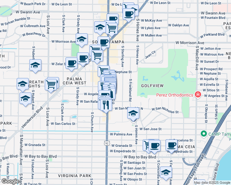 map of restaurants, bars, coffee shops, grocery stores, and more near 3705 West San Rafael Street in Tampa
