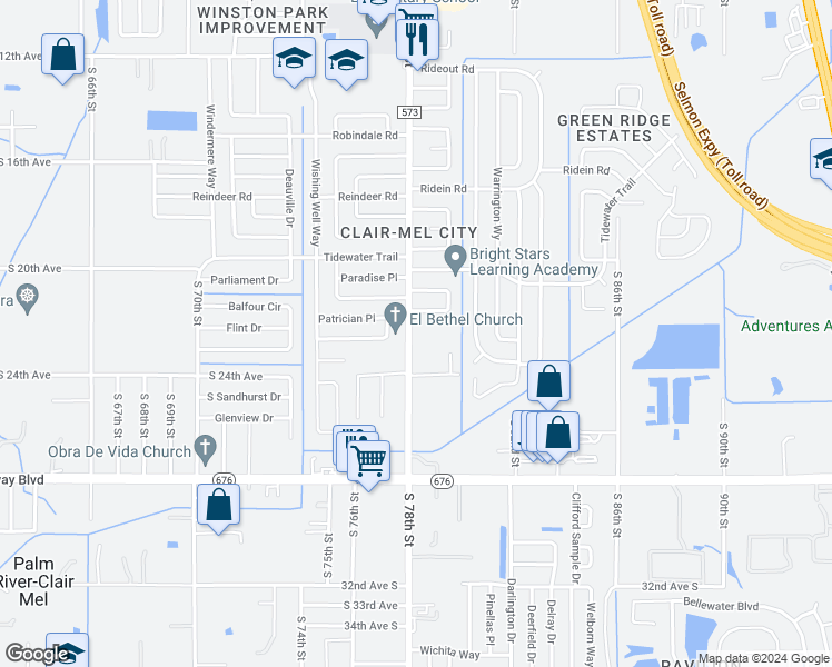 map of restaurants, bars, coffee shops, grocery stores, and more near 2124 South 78th Street in Tampa