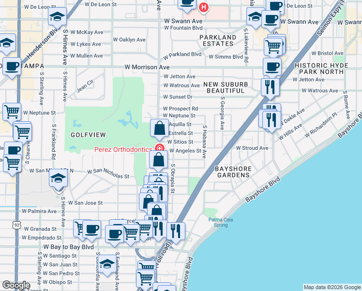map of restaurants, bars, coffee shops, grocery stores, and more near 2904 West Angeles Street in Tampa