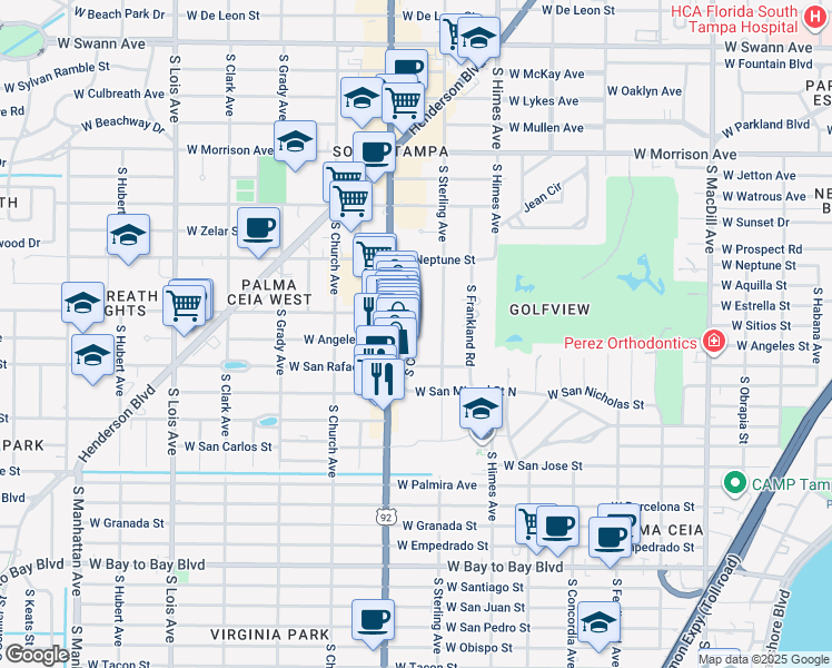 map of restaurants, bars, coffee shops, grocery stores, and more near 3705 West San Rafael Street in Tampa