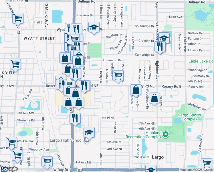 map of restaurants, bars, coffee shops, grocery stores, and more near 401 Rosery Road Northeast in Largo