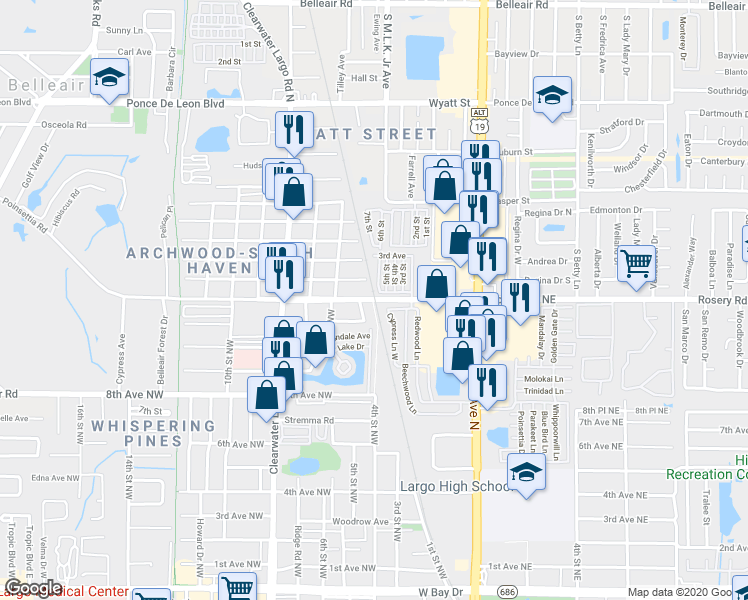 map of restaurants, bars, coffee shops, grocery stores, and more near 1140 5th Street Northwest in Largo