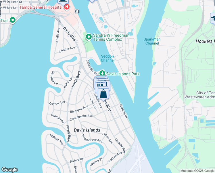 map of restaurants, bars, coffee shops, grocery stores, and more near 209 Columbia Drive in Tampa