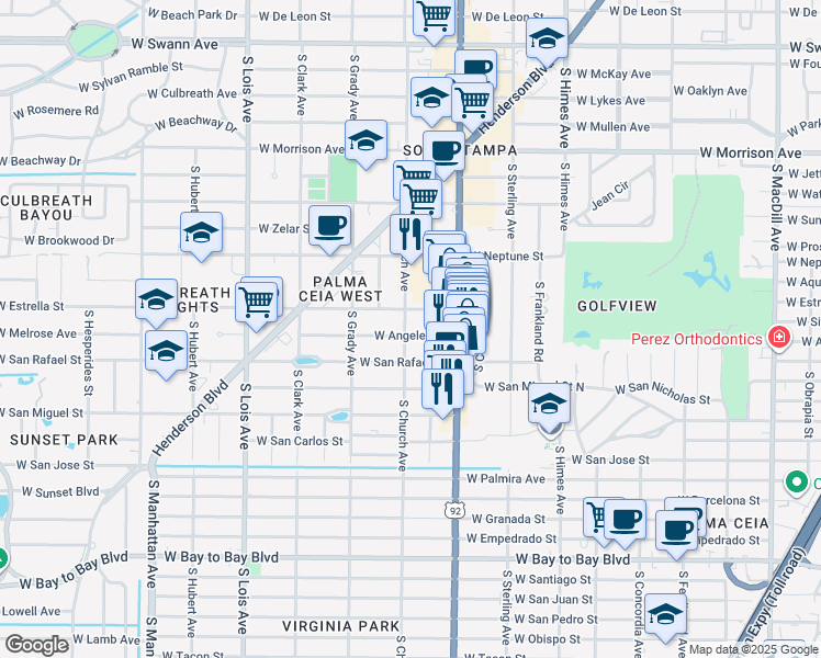 map of restaurants, bars, coffee shops, grocery stores, and more near 1906 South Church Avenue in Tampa