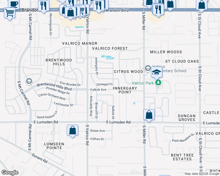 map of restaurants, bars, coffee shops, grocery stores, and more near 704 Falkirk Avenue in Valrico