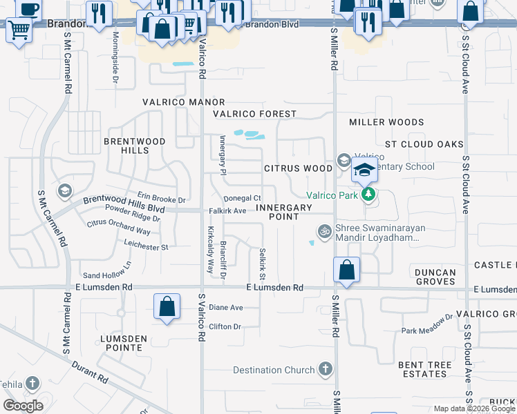 map of restaurants, bars, coffee shops, grocery stores, and more near 702 Falkirk Avenue in Valrico