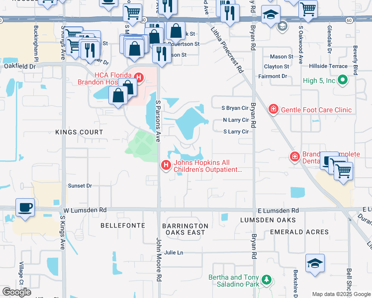 map of restaurants, bars, coffee shops, grocery stores, and more near 214 Lake Parsons Green in Brandon