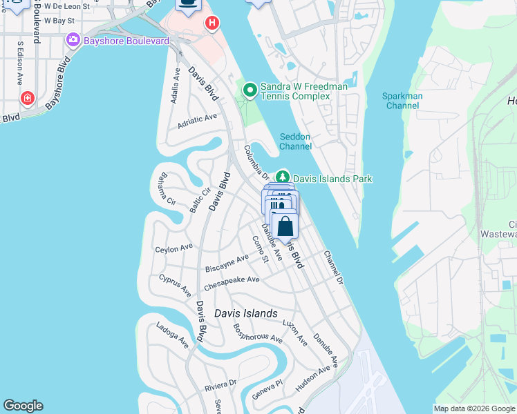 map of restaurants, bars, coffee shops, grocery stores, and more near 136 East Davis Boulevard in Tampa