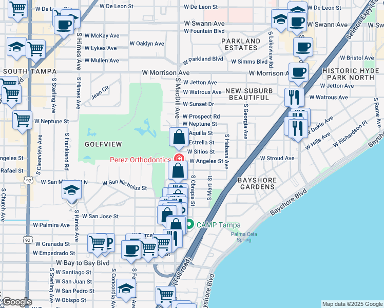 map of restaurants, bars, coffee shops, grocery stores, and more near 3008 West Estrella Street in Tampa