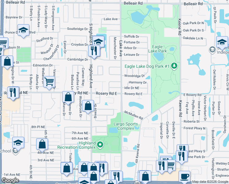map of restaurants, bars, coffee shops, grocery stores, and more near 1586 Idle Drive Northeast in Clearwater