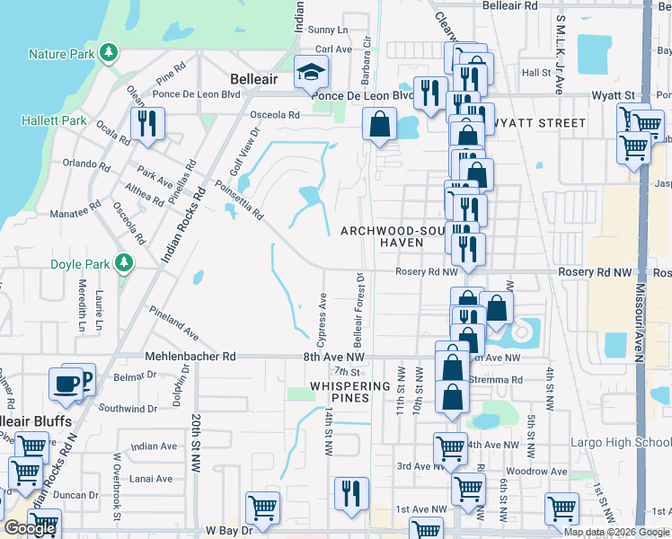 map of restaurants, bars, coffee shops, grocery stores, and more near 654 Poinsettia Road in Belleair