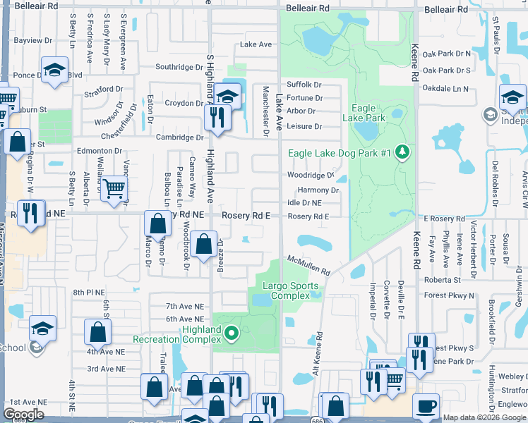 map of restaurants, bars, coffee shops, grocery stores, and more near 1586 Idle Drive Northeast in Clearwater