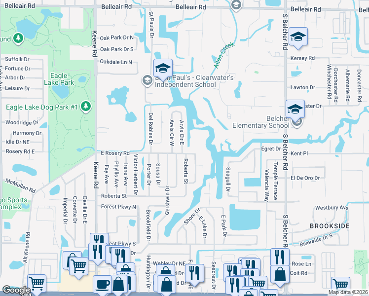 map of restaurants, bars, coffee shops, grocery stores, and more near 1992 Arvis Circle East in Clearwater