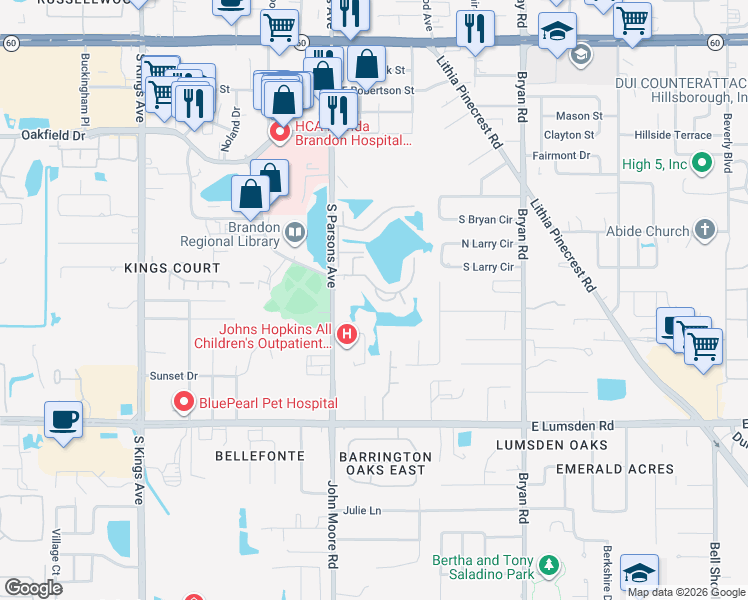 map of restaurants, bars, coffee shops, grocery stores, and more near 215 Lake Brook Circle in Brandon